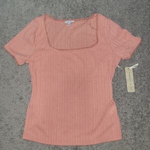 Peach Ribbed Square Neck Short Sleeve Top